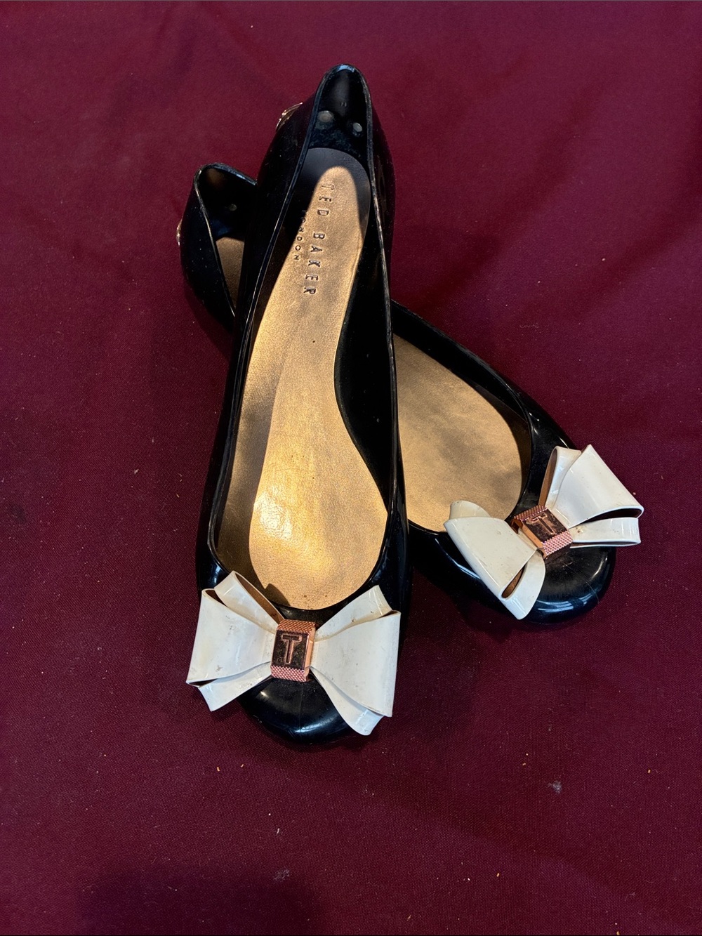 Ted Baker Black Patent Ballet Flats with Cream Bow
